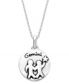 Lively, adaptive, versatile & eloquent. Unwritten's chic Zodiac pendant features the signature Gemini design with these unique qualities listed on the reverse side. Set in sterling silver. Approximate length: 18 inches. Approximate drop: 3/4 inch.