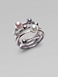 A spirited spiral of sterling silver, sprinkled with round organic pearls in shades of grey, nuage and white, plus sparkling dots of cubic zirconia and sterling silver beads. 12mm round man-made grey, white and nuage pearls Cubic zirconia Sterling silver Width, about ½ Made in Spain A spirited spiral of sterling silver, sprinkled with round organic pearls in shades of grey, nuage and white, plus sparkling dots of cubic zirconia and sterling silver beads. 12mm round man-made grey, white and nuage pearls Cubic zirconia Sterling silver Width, about ½ Made in Spain