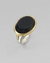 From the Saddle Collection. Sleek and dramatic, a beveled oval of matte black onyx is simply set in a frame of goldplated sterling silver, atop a bold sterling silver band.Black onyxSterling silver and goldplated sterling silverWidth, about ¾Imported