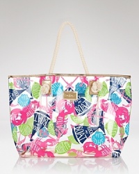 A colorful party of lobsters, seashells and sailboats mingles with anchors and citrus slices on this beach-ready Lilly Pulitzer tote. A colorful party of lobsters, seashells and sailboats mingles with anchors and citrus slices on this beach-ready Lilly Pulitzer tote.