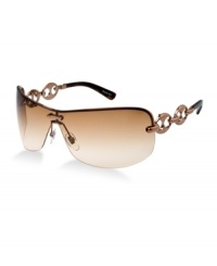Look at this luxurious detail! It's no wonder Gucci was founded on the precepts of creativity and craftsmanship. With another Gucci best-seller, this rimless shield in brown stands out with it's meticulously detailed chain-linked metal sides. The brown gradient lenses offer full UVA/UVB protection. Look at this luxurious detail! It's no wonder Gucci was founded on the precepts of creativity and craftsmanship. With another Gucci best-seller, this rimless shield in brown stands out with it's meticulously detailed chain-linked metal sides. The brown gradient lenses offer full UVA/UVB protection.