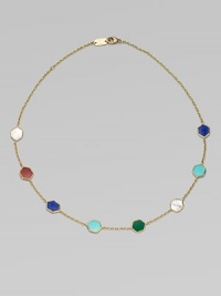 From the Polished Rock Candy Collection. Hexagonal discs in five richly colored semiprecious stones are framed in gold and spaced along a delicate gold chain.Mother-of-pearl, lapis, gold green agate, dyed red agate and turquoise18k yellow goldLength, about 18Lobster claspImported From the Polished Rock Candy Collection. Hexagonal discs in five richly colored semiprecious stones are framed in gold and spaced along a delicate gold chain.Mother-of-pearl, lapis, gold green agate, dyed red agate and turquoise18k yellow goldLength, about 18Lobster claspImported