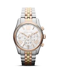 A substantial style from Michael Kors, this two-tone bracelet watch works an Upper East Side sophistication, designed with chronograph movement and a textured top ring. A substantial style from Michael Kors, this two-tone bracelet watch works an Upper East Side sophistication, designed with chronograph movement and a textured top ring.