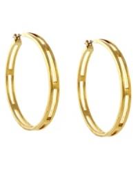 Architecturally sound. Vince Camuto takes a traditional hoop earring and adds subtle, structured details with a unique open-cut design. Set in gold tone mixed metal. Approximate diameter: 3-3/4 inches. Architecturally sound. Vince Camuto takes a traditional hoop earring and adds subtle, structured details with a unique open-cut design. Set in gold tone mixed metal. Approximate diameter: 3-3/4 inches.