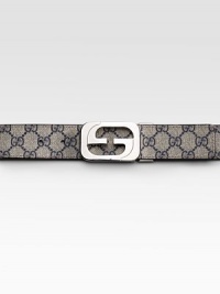Signature GG-plus fabric with leather trim and interlocking G palladium buckle. About 1½ wide Made in Italy Signature GG-plus fabric with leather trim and interlocking G palladium buckle. About 1½ wide Made in Italy