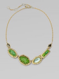 From the Elements Collection. An elegant style featuring green tourmaline hydroquartz, pyrite and Mojave green turquoise stones set in goldtone links accented with sparkling Swarovksi crystals. Green tourmaline hydroquartz, pyrite and Mojave green turquoiseSwarovski crystals18k goldplated chainGoltoneLength, about 16 to 19 adjustable18k goldplated lobster claps closureMade in USA From the Elements Collection. An elegant style featuring green tourmaline hydroquartz, pyrite and Mojave green turquoise stones set in goldtone links accented with sparkling Swarovksi crystals. Green tourmaline hydroquartz, pyrite and Mojave green turquoiseSwarovski crystals18k goldplated chainGoltoneLength, about 16 to 19 adjustable18k goldplated lobster claps closureMade in USA