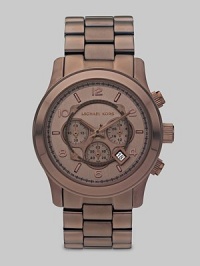 A beautiful tone-on-tone timepiece with technical functions. Quartz movement Water resistant to 10 ATM Round ion-plated espresso stainless steel case, 44mm (1.7) Smooth bezel Chocolate brown dial Arabic numerals and index hour markers Date display between 4 and 5 o'clock Second hand Ion-plated espresso stainless steel link bracelet Made in Switzerland 