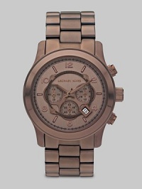 A beautiful tone-on-tone timepiece with technical functions. Quartz movement Water resistant to 10 ATM Round ion-plated espresso stainless steel case, 44mm (1.7) Smooth bezel Chocolate brown dial Arabic numerals and index hour markers Date display between 4 and 5 o'clock Second hand Ion-plated espresso stainless steel link bracelet Made in Switzerland A beautiful tone-on-tone timepiece with technical functions. Quartz movement Water resistant to 10 ATM Round ion-plated espresso stainless steel case, 44mm (1.7) Smooth bezel Chocolate brown dial Arabic numerals and index hour markers Date display between 4 and 5 o'clock Second hand Ion-plated espresso stainless steel link bracelet Made in Switzerland