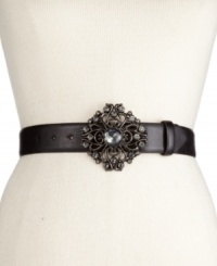 Make a unique statement with this vintage-inspired plaque belt from Style&co. Crafted of sleek faux-leather and topped with a scrolling metal buckle with luminous embellishments. Make a unique statement with this vintage-inspired plaque belt from Style&co. Crafted of sleek faux-leather and topped with a scrolling metal buckle with luminous embellishments.