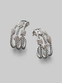 From the Confetti Collection. Three sterling silver J-shaped cables are dotted with pavé diamonds in sparkling geometric shapes. Diamonds, 0.19 tcw Sterling silver Length, about 1 Post back Imported From the Confetti Collection. Three sterling silver J-shaped cables are dotted with pavé diamonds in sparkling geometric shapes. Diamonds, 0.19 tcw Sterling silver Length, about 1 Post back Imported