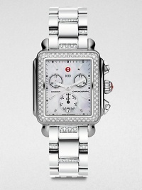 From the Deco Collection. A sparkling diamond accented timepiece with technical features in sleek stainless steel. Swiss quartz movementWater resistant to 5 ATMRectangular stainless steel case, 33mm (1.3) X 35mm (1.4)Diamond encrusted bezel, .66 tcwMother-of-pearl chronograph dialBar and dot hour markersDate display at 6 o'clockSecond hand Diamond accented stainless steel link bracelet, .2 tcw, 18mm (0.7)Imported From the Deco Collection. A sparkling diamond accented timepiece with technical features in sleek stainless steel. Swiss quartz movementWater resistant to 5 ATMRectangular stainless steel case, 33mm (1.3) X 35mm (1.4)Diamond encrusted bezel, .66 tcwMother-of-pearl chronograph dialBar and dot hour markersDate display at 6 o'clockSecond hand Diamond accented stainless steel link bracelet, .2 tcw, 18mm (0.7)Imported