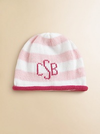 Sure to become a keepsake, this adorable hat combines both style and practicality in one great gift. Crafted in a combination of wide stripes with a rolled edge and the softness of pure cotton. CottonMachine washMade in USAFOR PERSONALIZATION Select a quantity, then scroll down and click on PERSONALIZE & ADD TO BAG to choose and preview your personalization options. Please allow 4-6 weeks for delivery. Sure to become a keepsake, this adorable hat combines both style and practicality in one great gift. Crafted in a combination of wide stripes with a rolled edge and the softness of pure cotton. CottonMachine washMade in USAFOR PERSONALIZATION Select a quantity, then scroll down and click on PERSONALIZE & ADD TO BAG to choose and preview your personalization options. Please allow 4-6 weeks for delivery.