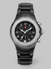 From the Tahitian Ceramic Collection. Sleek and streamlined, in enduring black ceramic with a dazzling diamond bezel and chronograph performance. Swiss quartz chronograph movement Water-resistant to 5ATM Diamond bezel; 0.47 tcw Round ceramic case; 35mm diameter (1.38) Black enamel dial with three chronograph sub dials Date display at 6:00 Second hand Arabic numerals Ceramic link bracelet; 18mm wide (.71) Deployment clasp Imported From the Tahitian Ceramic Collection. Sleek and streamlined, in enduring black ceramic with a dazzling diamond bezel and chronograph performance. Swiss quartz chronograph movement Water-resistant to 5ATM Diamond bezel; 0.47 tcw Round ceramic case; 35mm diameter (1.38) Black enamel dial with three chronograph sub dials Date display at 6:00 Second hand Arabic numerals Ceramic link bracelet; 18mm wide (.71) Deployment clasp Imported