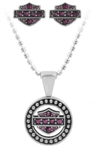 Harley-Davidson .925 Silver Circle Beaded Necklace & Earring Set with Purple Swarovski Crystals