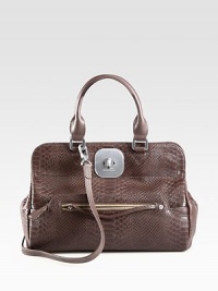 Textured leather adds exotic edge to this classic top-handle silhouette with a versatile strap. Detachable shoulder strap, 24½ dropDouble top handles, 5½ dropTurn-lock closureTwo outside zip pocketsProtective metal feetOne inside zip pocketTwo inside open pocketsFully lined12½W X 9½H X 6¼DImported Textured leather adds exotic edge to this classic top-handle silhouette with a versatile strap. Detachable shoulder strap, 24½ dropDouble top handles, 5½ dropTurn-lock closureTwo outside zip pocketsProtective metal feetOne inside zip pocketTwo inside open pocketsFully lined12½W X 9½H X 6¼DImported
