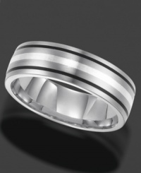Dashing in design, this Triton ring features a stylish striped design and comfortable fit. Crafted in titanium with white and black resin inlay. Approximate band width: 7 mm. Sizes 8-15. Dashing in design, this Triton ring features a stylish striped design and comfortable fit. Crafted in titanium with white and black resin inlay. Approximate band width: 7 mm. Sizes 8-15.