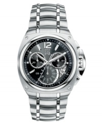 Built to astound. This dashing chronograph watch by ESQ by Movado features a stainless steel bracelet and round case. Sunray black dial with silvertone stick indices, date window, logo, three subdials and numeral at twelve o'clock. Quartz movement. Water resistant to 50 meters. Two-year limited warranty. Built to astound. This dashing chronograph watch by ESQ by Movado features a stainless steel bracelet and round case. Sunray black dial with silvertone stick indices, date window, logo, three subdials and numeral at twelve o'clock. Quartz movement. Water resistant to 50 meters. Two-year limited warranty.