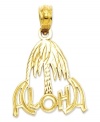 Nestled pretty underneath a palm tree is the Hawaiian word Aloha in a statement-making script upon this 14k gold charm. Chain not included. Approximate drop length: 4/5 inch. Approximate drop width: 3/5 inch.