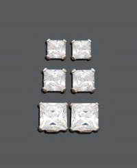 Sparkle and shine to match any occasion! Earring set features three pairs of square-cut cubic zirconia studs (4-1/3 ct. t.w.) in a 14k white gold post setting. Approximate diameters: 1/8 inch, 3/16 inch, and 1/4 inch. Sparkle and shine to match any occasion! Earring set features three pairs of square-cut cubic zirconia studs (4-1/3 ct. t.w.) in a 14k white gold post setting. Approximate diameters: 1/8 inch, 3/16 inch, and 1/4 inch.