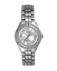 A traditional timepiece gets a glittering update by GUESS. Watch crafted of silver tone bracelet and round case. Bezel embellished with crystal accents. Textured silver tone dial features applied numerals at twelve, six and nine o'clock, date window at three o'clock, luminous hands and logo. Quartz movement. Water resistant to 100 meters. A traditional timepiece gets a glittering update by GUESS. Watch crafted of silver tone bracelet and round case. Bezel embellished with crystal accents. Textured silver tone dial features applied numerals at twelve, six and nine o'clock, date window at three o'clock, luminous hands and logo. Quartz movement. Water resistant to 100 meters.