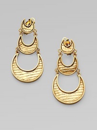 A lustrous piece with graduated textured crescents. 14k goldplated white metal alloy Drop, about 3 Clip back Made in USA A lustrous piece with graduated textured crescents. 14k goldplated white metal alloy Drop, about 3 Clip back Made in USA