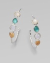 From the Wonderland Collection. Slender silver hoops set with faceted stones of clear quartz and mother-of-pearl, plus colorful doublets, layered for a rich effect of softness and depth.Mother-of-pearl and clear quartzSterling silverDiameter, about 1½Post backImported
