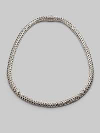 A gracious ribbon of woven sterling silver in a substantial oval shape is both classic and modern. Sterling silver Length, about 18 Hidden barrel push-lock clasp Made in Bali Please note: Chain sold separately. A gracious ribbon of woven sterling silver in a substantial oval shape is both classic and modern. Sterling silver Length, about 18 Hidden barrel push-lock clasp Made in Bali Please note: Chain sold separately.