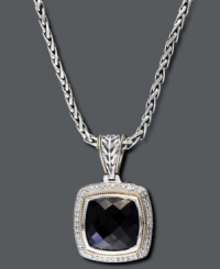 Stately and sublime. Ballisima by Effy Collection's sterling silver necklace offers a bold design highlighting a square-cut onyx center (9-3/8 ct. t.w.) surrounded by round-cut diamonds (1/4 ct. t.w.) and 18k gold accents. Approximate length: 18 inches. Approximate drop: 1-1/4 inches x 3/4 inch. Stately and sublime. Ballisima by Effy Collection's sterling silver necklace offers a bold design highlighting a square-cut onyx center (9-3/8 ct. t.w.) surrounded by round-cut diamonds (1/4 ct. t.w.) and 18k gold accents. Approximate length: 18 inches. Approximate drop: 1-1/4 inches x 3/4 inch.