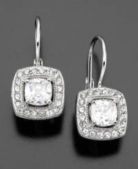These eye-catching drop earrings add dramatic luster to everyday or evening wear. With a princess-cut cubic zirconia (1 ct. t.w.) surrounded by clear crystals on silvertone rhodium plated mixed metal. Drop measures approximately 3/4 inch. These eye-catching drop earrings add dramatic luster to everyday or evening wear. With a princess-cut cubic zirconia (1 ct. t.w.) surrounded by clear crystals on silvertone rhodium plated mixed metal. Drop measures approximately 3/4 inch.