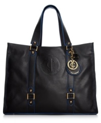 The epitome of fashion, function and fabulous, this luxe leather tote from Juicy Couture goes from work to weekend with ease. Done up in glam, golden hardware with stud and buckle accents, this roomy carryall stows everything from laptop to little black dress to poolside loungewear. The epitome of fashion, function and fabulous, this luxe leather tote from Juicy Couture goes from work to weekend with ease. Done up in glam, golden hardware with stud and buckle accents, this roomy carryall stows everything from laptop to little black dress to poolside loungewear.