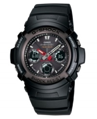 Sporty, yet sophisticated, this masculine watch from G-Shock is just right for every occasion. Black resin strap. Black stainless steel round case and round brown dial with logo, world time, alarm, timer, stopwatch, calendar, LED light with afterglow and stick indices. Solar powered. Quartz movment. Water resistant to 200 meters. One-year limited warranty. Sporty, yet sophisticated, this masculine watch from G-Shock is just right for every occasion. Black resin strap. Black stainless steel round case and round brown dial with logo, world time, alarm, timer, stopwatch, calendar, LED light with afterglow and stick indices. Solar powered. Quartz movment. Water resistant to 200 meters. One-year limited warranty.