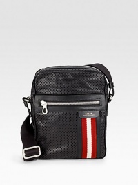A smart, compact crossbody bag in perforated leather with signature trainspotting web trim. Zip closure Adjustable shoulder strap Exterior, interior zip pockets 8¼W X 10½H X 3D Made in Switzerland A smart, compact crossbody bag in perforated leather with signature trainspotting web trim. Zip closure Adjustable shoulder strap Exterior, interior zip pockets 8¼W X 10½H X 3D Made in Switzerland