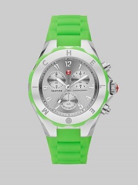 From the Tahitian Jelly Bean Collection. A fun and colorful design with technical appeal. Quartz movementWater resistant to 7 ATMRound stainless steel case, 40mm (1.6)Logo etched bezelSilver chronograph dialNumeric hour markersSecond hand Green silicone strapImported From the Tahitian Jelly Bean Collection. A fun and colorful design with technical appeal. Quartz movementWater resistant to 7 ATMRound stainless steel case, 40mm (1.6)Logo etched bezelSilver chronograph dialNumeric hour markersSecond hand Green silicone strapImported