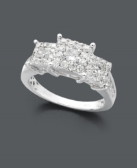 Perfect for that very special occasion, or an indulgent treat just because. Prestige Unity's sparkling, three stone ring highlights a square-shaped design adorned by diamonds (1-1/2 ct. t.w.). Crafted in 14k white gold. Perfect for that very special occasion, or an indulgent treat just because. Prestige Unity's sparkling, three stone ring highlights a square-shaped design adorned by diamonds (1-1/2 ct. t.w.). Crafted in 14k white gold.