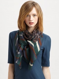 A striking leopard print meets bold stripes for a cool combo on this luxe wool and silk scarf with frayed edges.50% wool/50% silkAbout 55 X 55Dry cleanMade in Italy A striking leopard print meets bold stripes for a cool combo on this luxe wool and silk scarf with frayed edges.50% wool/50% silkAbout 55 X 55Dry cleanMade in Italy
