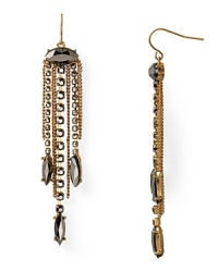 Hematite-toned glass stones dangle from gleaming chains on this pair of ABS by Allen Schwartz drop earrings, finished in 12-karat worn gold plated metal. Hematite-toned glass stones dangle from gleaming chains on this pair of ABS by Allen Schwartz drop earrings, finished in 12-karat worn gold plated metal.