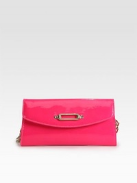 Sleek patent leather in a chic flap-front design.Detachable chain and leather strap, 6 dropFlap and snap closureOne inside zip pocketSix credit card slotsLeather/nylon lining9¼W X 4¾H X 1DMade in Italy Sleek patent leather in a chic flap-front design.Detachable chain and leather strap, 6 dropFlap and snap closureOne inside zip pocketSix credit card slotsLeather/nylon lining9¼W X 4¾H X 1DMade in Italy