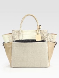 A unique construction of leather, snakeskin, croc-skin and linen in a roomy top handle carryall.Double top handles, 6½ dropFour outside open pocketsProtective metal feetOne inside zip pocketOne inside open pocketInner zip pouchCotton lining13W X 13H X 5½DImported A unique construction of leather, snakeskin, croc-skin and linen in a roomy top handle carryall.Double top handles, 6½ dropFour outside open pocketsProtective metal feetOne inside zip pocketOne inside open pocketInner zip pouchCotton lining13W X 13H X 5½DImported