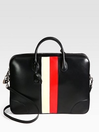 Smooth leather briefcase with signature web detail.Zip closureTop handleAdjustable shoulder strapInterior zip pocketID Tag and key holderFully lined16W x 12½H x 2½DMade in Italy Smooth leather briefcase with signature web detail.Zip closureTop handleAdjustable shoulder strapInterior zip pocketID Tag and key holderFully lined16W x 12½H x 2½DMade in Italy