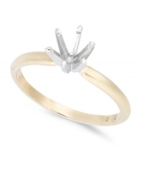 Start off your one-of-a-kind engagement ring by selecting your favorite ring setting. This stunning solitaire ring setting features a classic 14k gold band with a 14k white gold 6-prong design. Band width: 2-1/2 mm. Available in whole sizes 6-9. Start off your one-of-a-kind engagement ring by selecting your favorite ring setting. This stunning solitaire ring setting features a classic 14k gold band with a 14k white gold 6-prong design. Band width: 2-1/2 mm. Available in whole sizes 6-9.