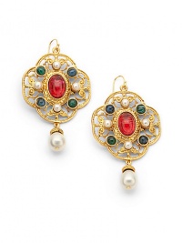 THE LOOKByzantine collectionClover-shaped design with drop detailColored glass stones and faux pearl accentsTextured setting24k electroplated gold settingPost backTHE MEASUREMENTWidth, about 1.5Length, about 3ORIGINMade in USA THE LOOKByzantine collectionClover-shaped design with drop detailColored glass stones and faux pearl accentsTextured setting24k electroplated gold settingPost backTHE MEASUREMENTWidth, about 1.5Length, about 3ORIGINMade in USA