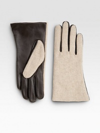 This cold weather necessity is revamped with buttery soft leather palms design with touchscreen technology for easy access to electronics.About 8 longCashmere liningPalm: leather Outer: polyester/wool/viscoseImported This cold weather necessity is revamped with buttery soft leather palms design with touchscreen technology for easy access to electronics.About 8 longCashmere liningPalm: leather Outer: polyester/wool/viscoseImported