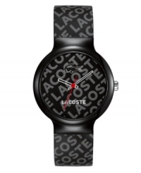 Repeat your regard for Lacoste. This unisex Goa watch is crafted of black silicone strap with light gray repeating text logo and round black plastic case. Black dial features light gray repeating text logo, cut-out hour and minute hand, red second hand, white iconic crocodile logo at twelve o'clock and white text logo at six o'clock. Quartz movement. Water resistant to 30 meters. Two-year limited warranty.