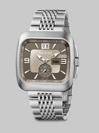 From the Gucci Coupé Collection. A sleek timepiece featuring a brown dial with a sub-dial and a stainless steel link bracelet. Swiss quartz movementWater resistant to 5 ATMSquare stainless steel case, 40mm (1.5) X 40mm (1.5)Smooth bezelBrown dialBar and numeric hour markersDate display at 12 o'clockSecond sub-dial Stainless steel link braceletMade in Switzerland From the Gucci Coupé Collection. A sleek timepiece featuring a brown dial with a sub-dial and a stainless steel link bracelet. Swiss quartz movementWater resistant to 5 ATMSquare stainless steel case, 40mm (1.5) X 40mm (1.5)Smooth bezelBrown dialBar and numeric hour markersDate display at 12 o'clockSecond sub-dial Stainless steel link braceletMade in Switzerland