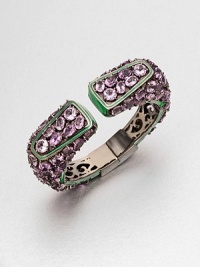 A colorful piece encrusted with faceted amethyst stones set in rhodium-plated sterling silver and accented with bright enamel. AmethystEnamelRhodium-plated sterling silverDiameter, about 2.2Hinged closureImported A colorful piece encrusted with faceted amethyst stones set in rhodium-plated sterling silver and accented with bright enamel. AmethystEnamelRhodium-plated sterling silverDiameter, about 2.2Hinged closureImported