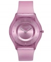 A mesmerizing shade of purple gives this Purple Softness collection Swatch watch a regal appearance.
