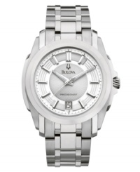 Bulova marries clean lines and all-over stainless steel to create a contemporary masterpiece. This Precisionist collection watch, known as the world's most accurate, keeps precise time to ten seconds a year with a continuously sweeping second hand. Round stainless steel case and bracelet. Patterned silvertone dial with applied index is minimal, featuring only stick indices, luminous hands, date window at six o'clock and logo. Quartz movement. Water resistant to 30 meters. Three-year limited warranty. Bulova marries clean lines and all-over stainless steel to create a contemporary masterpiece. This Precisionist collection watch, known as the world's most accurate, keeps precise time to ten seconds a year with a continuously sweeping second hand. Round stainless steel case and bracelet. Patterned silvertone dial with applied index is minimal, featuring only stick indices, luminous hands, date window at six o'clock and logo. Quartz movement. Water resistant to 30 meters. Three-year limited warranty.