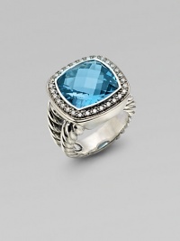 A richly faceted blue topaz, surrounded by pavé diamonds, sits in a squared setting of sterling silver with a split cable band. Blue topaz Diamonds, 0.45 tcw Sterling silver with a black rhodium finish About ¾ square Made in USA A richly faceted blue topaz, surrounded by pavé diamonds, sits in a squared setting of sterling silver with a split cable band. Blue topaz Diamonds, 0.45 tcw Sterling silver with a black rhodium finish About ¾ square Made in USA