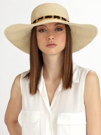 This glamorous straw design is accented by a goldtone chain laced with black chiffon.Chiffon and chain bandBrim, about 5Paper braidSpot cleanImported This glamorous straw design is accented by a goldtone chain laced with black chiffon.Chiffon and chain bandBrim, about 5Paper braidSpot cleanImported