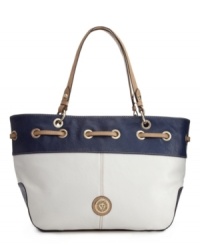 Anchors away! This nautical satchel from Anne Klein features an eye-catching woven detail at top, shiny goldtone hardware and a signature emblem at front. Anchors away! This nautical satchel from Anne Klein features an eye-catching woven detail at top, shiny goldtone hardware and a signature emblem at front.